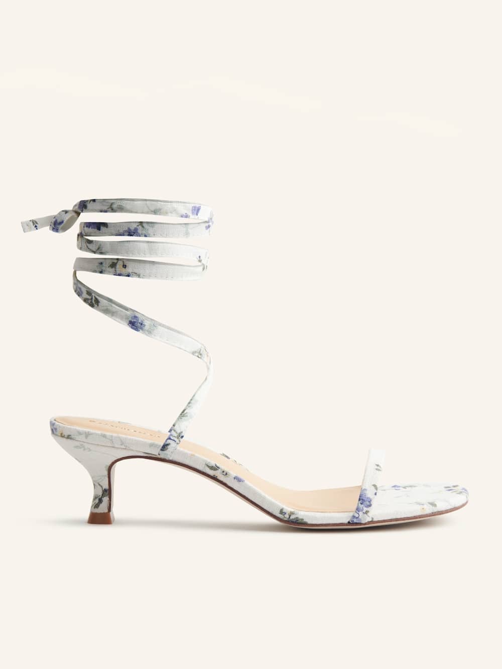 Reformation White Floral Wrap-Ankle Kitten Heel Sandal